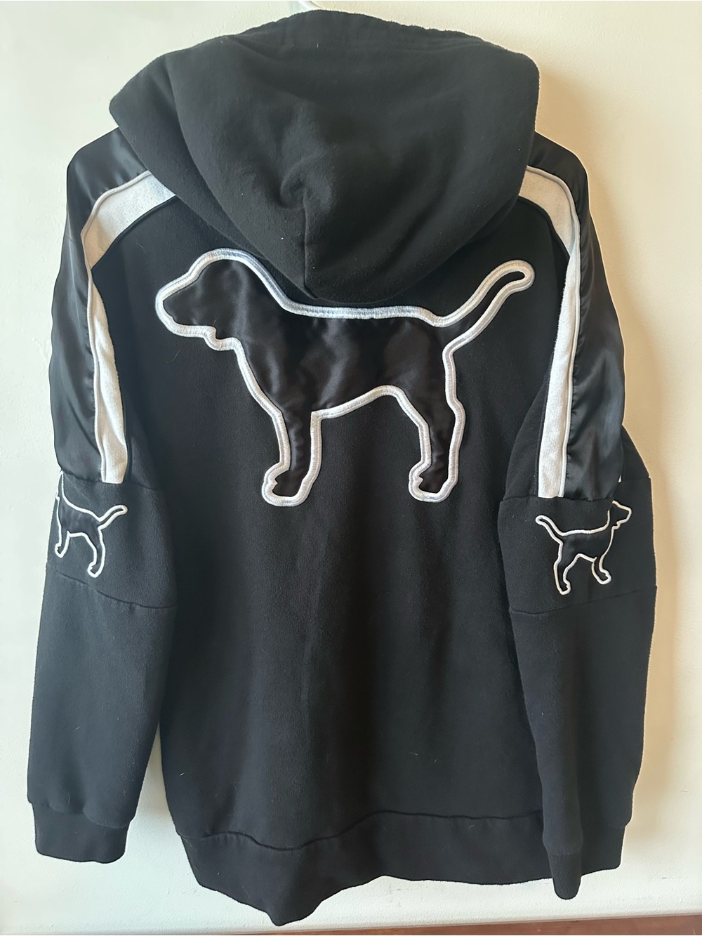 VS Pink Black Satin Dog Sherpa Hoodie L